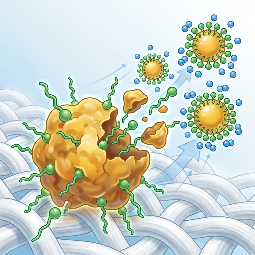 A vibrant, clean infographic style illustration demonstrating the scientific mechanism of bile soap. The image depicts a magnified cross-section of fabric fibers. A large, complex grease molecule (represented as an irregular, yellow-orange cluster) is embedded within the fibers. Smaller, stylized green 'bile acid' molecules are shown actively breaking apart the large grease molecule into much smaller, rounder, emulsified droplets. These smaller droplets are then visibly surrounded by blue water molecules, ready to be rinsed away from the fabric. The background is bright and clean, emphasizing the cleaning action.