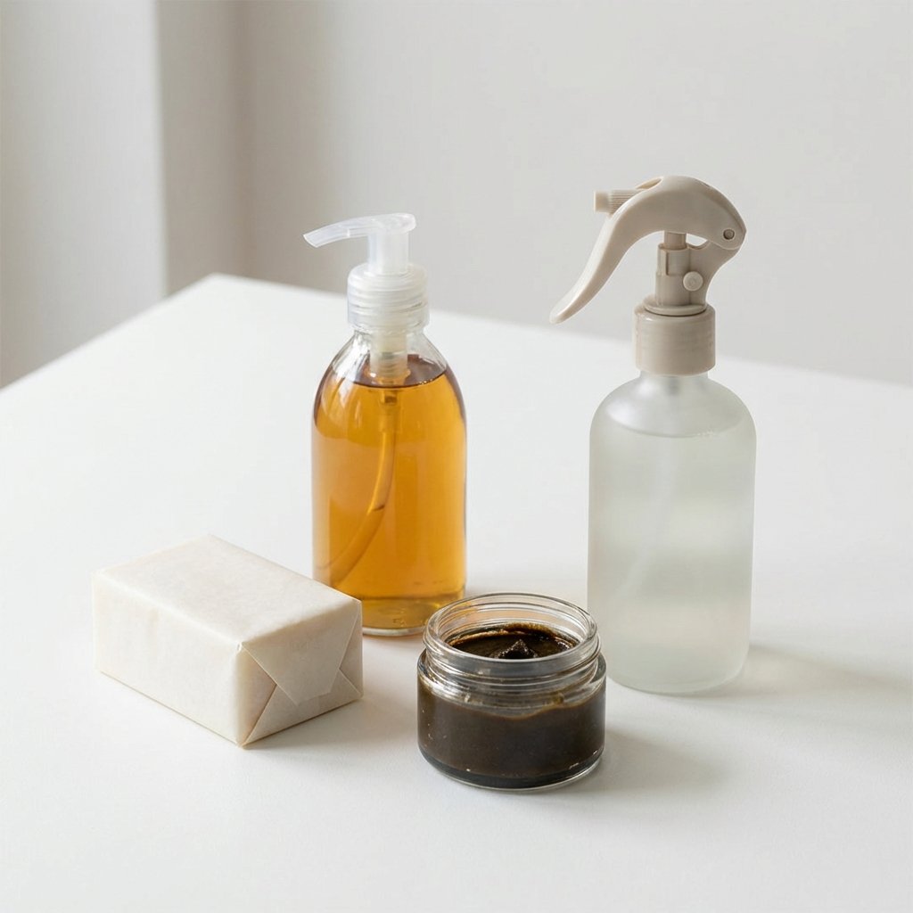 A high-quality, professional product photo showcasing the various forms of bile soap. On a minimalist white or light-colored background, artistically arrange a solid bar of Gallseife, a sleek bottle of liquid Gallseife, a small container of concentrated Gallseife, and a practical spray bottle of Gallseife. Each product is positioned clearly, highlighting its distinct form and packaging, suggesting natural efficacy and versatility. The lighting is soft and even, creating a clean and inviting aesthetic suitable for a modern blog.