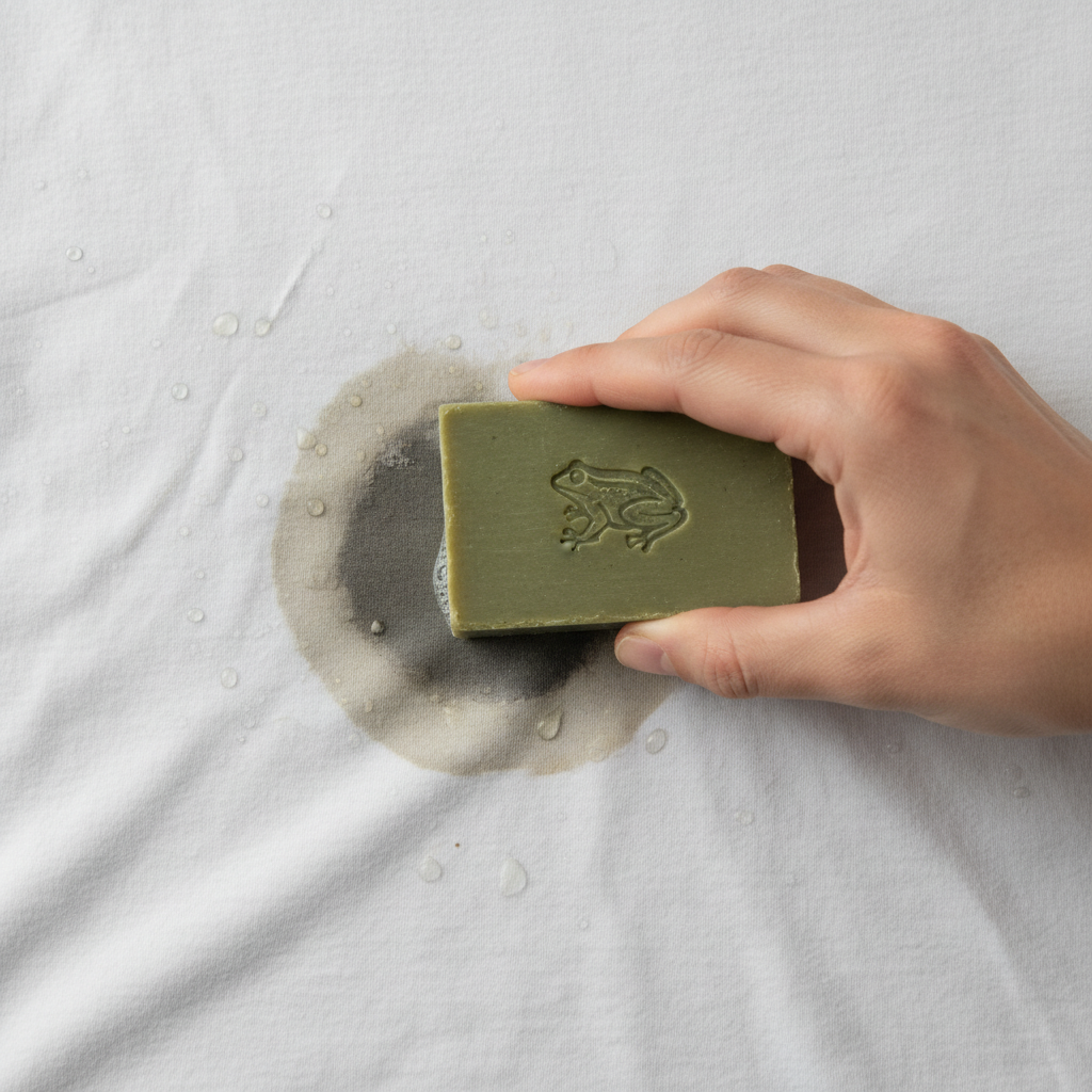 A close-up, top-down professional photo capturing a hand gently applying a bar of green-tinged Gallseife Frosch soap onto a visible, dark grease stain on a crumpled white cotton t-shirt. Small water droplets are spread across the fabric around the stain, indicating the cleaning process. The soap bar itself has a subtle, embossed or debossed stylized frog symbol, hinting at the brand without any explicit text. The lighting is soft and natural, emphasizing the texture of the fabric and the soap, conveying a sense of effective, hands-on stain treatment.