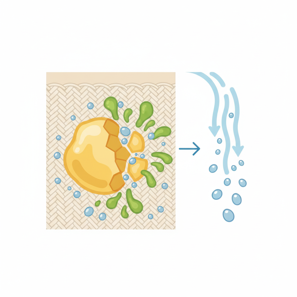 An infographic-style flat illustration explaining the action of ox gall soap. On the left side, a magnified cross-section of fabric fibers shows a large, stubborn, golden-yellow fat globule deeply embedded. An arrow points towards the center, where stylized, active green particles (representing ox gall salts) are shown actively breaking down and surrounding the large fat globule, transforming it into numerous smaller, dispersed blue-grey droplets. On the right side, these smaller, emulsified droplets are easily being flushed away by flowing, clear water, demonstrating the removal process. The background is clean and white with a calm, scientific color palette of greens, blues, and yellows.