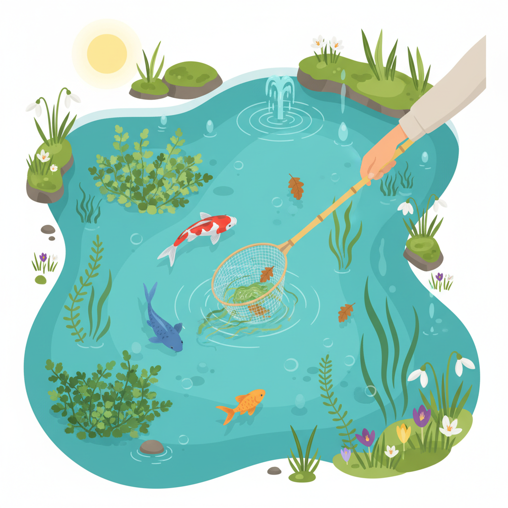 A vibrant, inviting flat illustration depicting a garden pond scene in early spring. The water on one side is crystal-clear, showcasing healthy green aquatic plants just starting to flourish and several colorful fish swimming serenely. On the other side, a person's hand (gender-neutral) is gently using a long-handled net to remove a small amount of residual winter debris, like a few brown leaves or minimal filamentous algae, from the water surface. The overall atmosphere should convey freshness, renewal, and meticulous care, with soft, natural light.