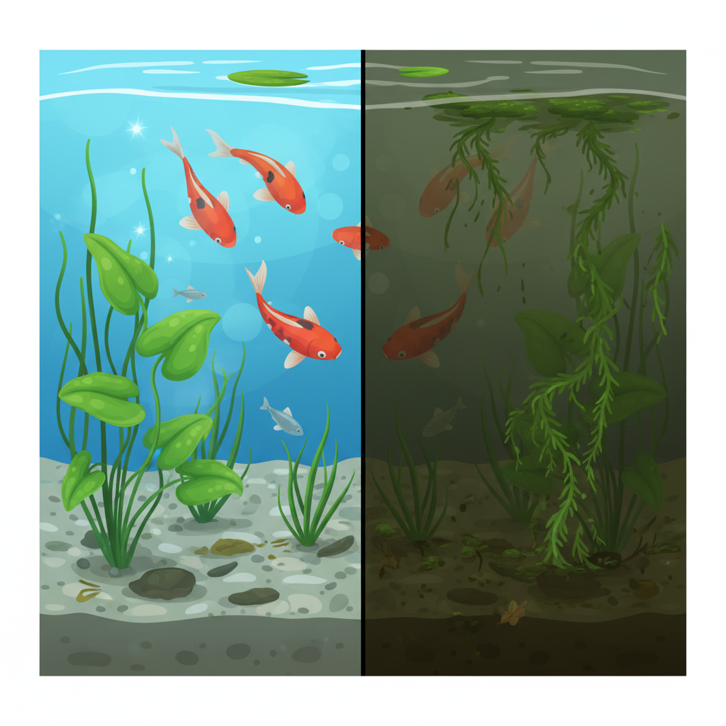 A split or side-by-side detailed flat illustration contrasting a healthy versus an unhealthy garden pond. On the left, a section of a pond shows sparkling, clear water revealing a clean gravel bottom, vibrant green aquatic plants, and several active, healthy fish. On the right, the same pond section appears neglected, with murky, greenish-brown water, a thick layer of dark sludge accumulating at the bottom, and excessive, stringy green algae coating the plants and parts of the water surface. The visual difference should be stark, emphasizing the impact of cleaning on water quality and ecosystem health.