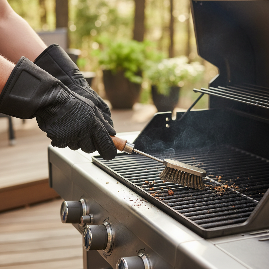 A close-up, professional photograph of a person's hands wearing grilling gloves, actively cleaning the hot grates of a modern gas grill with a long-handled wire grill brush. Steam or a subtle heat haze rises from the grates, indicating they are still warm. Charred food remnants and grease are visibly being scrubbed away from the shiny metal grates. The background is a slightly blurred, pleasant outdoor patio or garden setting. The image conveys efficiency and effective post-grill maintenance.