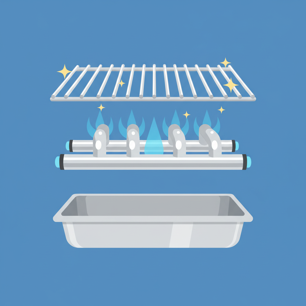 A vibrant, clean flat illustration in an infographic style, depicting the internal components of a gas grill. The image should highlight three key areas: the clean grill grates, the shiny, clear burner tubes, and a spotless, empty grease collection tray. Subtle visual cues could indicate optimal performance and hygiene, perhaps with a subtle 'sparkle' effect on the cleaned parts. The overall impression is one of well-maintained mechanics, promoting longevity and readiness for use.