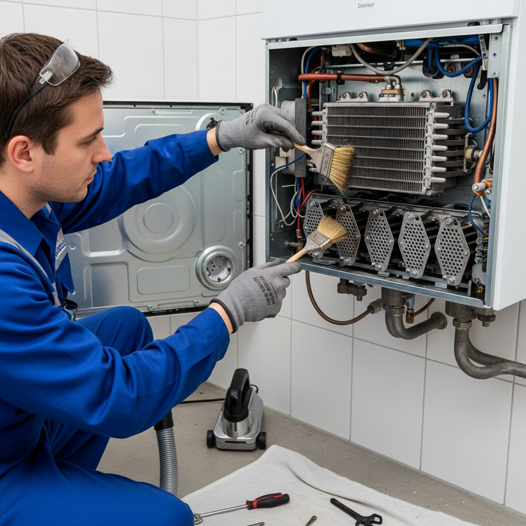 A professional, close-up photo of a skilled technician meticulously performing maintenance on a modern gas boiler. The technician, wearing professional work gloves, is seen carefully cleaning the internal components, such as the heat exchanger and burner elements, with specialized tools like a brush or small vacuum. The boiler's front panel is partially removed, revealing its complex inner workings in a clean, well-lit utility room setting. The focus is on the precision and expertise involved in the cleaning process, emphasizing safety and efficiency. Style: High-definition, realistic professional photography.