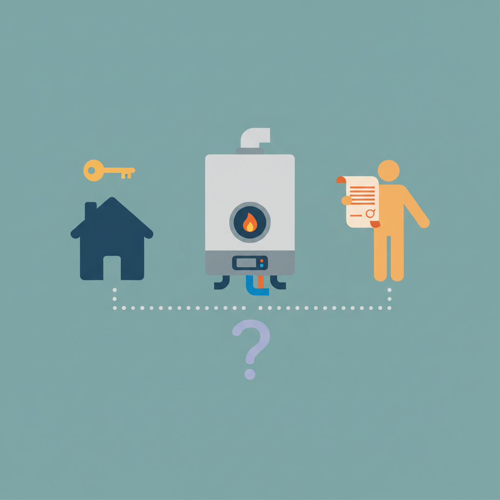 A clear and concise flat illustration depicting the concept of shared responsibility for gas boiler maintenance costs. A stylized gas boiler is centrally positioned. On one side, subtle visual elements represent a landlord, perhaps a key icon or a house silhouette. On the other side, elements symbolize a tenant, such as a stylized figure or a contract document. A conceptual visual link or a gentle dividing line connects these two parties to the boiler, implying the question of who pays. The overall impression should be of clarity and balanced visual representation, without any text. Style: Modern, clean flat illustration with a limited, professional color palette.