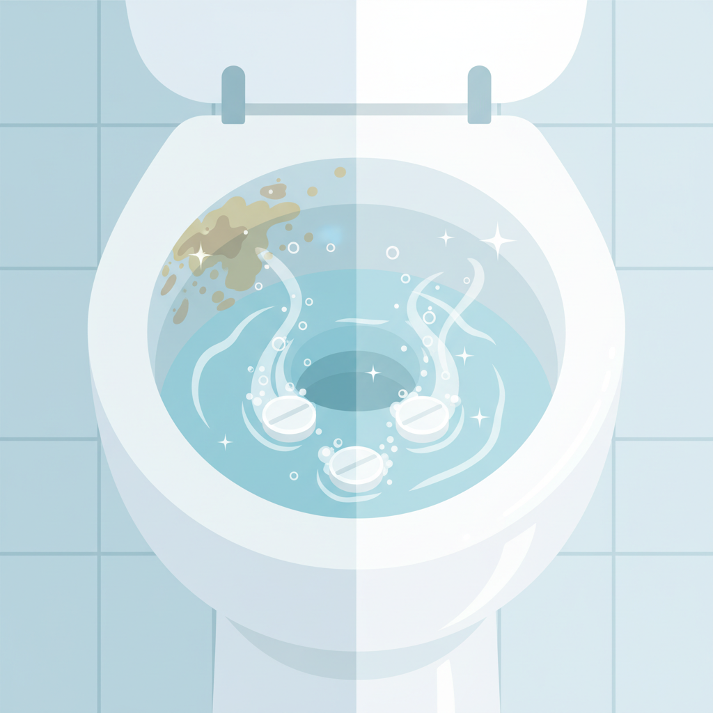A vibrant, modern flat illustration depicting a toilet bowl undergoing a cleaning transformation. On one side, the ceramic bowl shows noticeable yellowish-brown limescale and dark urine stains clinging to the surface. In the middle of the toilet water, several small, white denture cleaning tablets are actively dissolving, producing a dynamic, light blue, effervescent fizz that bubbles upwards and visually interacts with the grime. The other side of the bowl is gleaming white, sparkling clean, suggesting the successful outcome of the cleaning process.