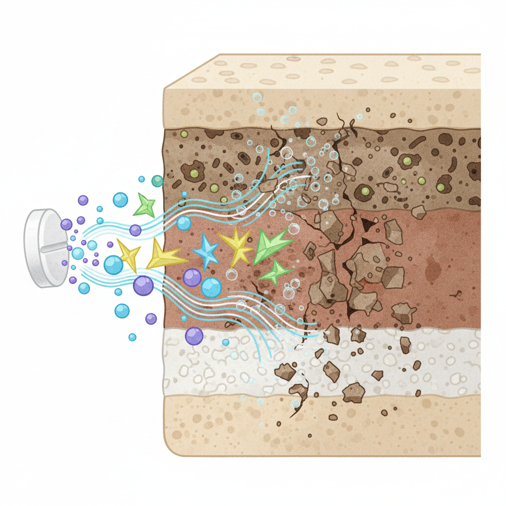 A detailed infographic-style illustration showcasing the microscopic chemical action of denture cleaner on a toilet surface. The ceramic wall of a toilet bowl is depicted in a cross-section, revealing layered deposits of stubborn limescale, brown urine stone, and organic stains. Various abstract chemical elements, representing oxidizers (small, bright spheres), acids (jagged crystalline shapes), and surfactants (wavy, fluid lines), emanate from dissolving denture tablets. These elements are shown actively penetrating, dissolving, and breaking apart the accumulated dirt layers.