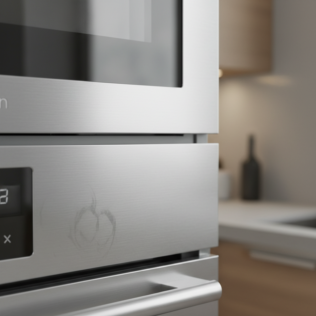 A professional close-up photo of a modern kitchen appliance, such as a refrigerator door or oven panel, made of brushed stainless steel. The surface is pristine and gleaming, with its characteristic fine, parallel brushed lines clearly visible, reflecting soft light. A few subtle, faint fingerprints are visible on one section, subtly highlighting the need for cleaning while still showcasing the material's elegant aesthetic. The overall impression should be clean, high-quality, and aspirational.