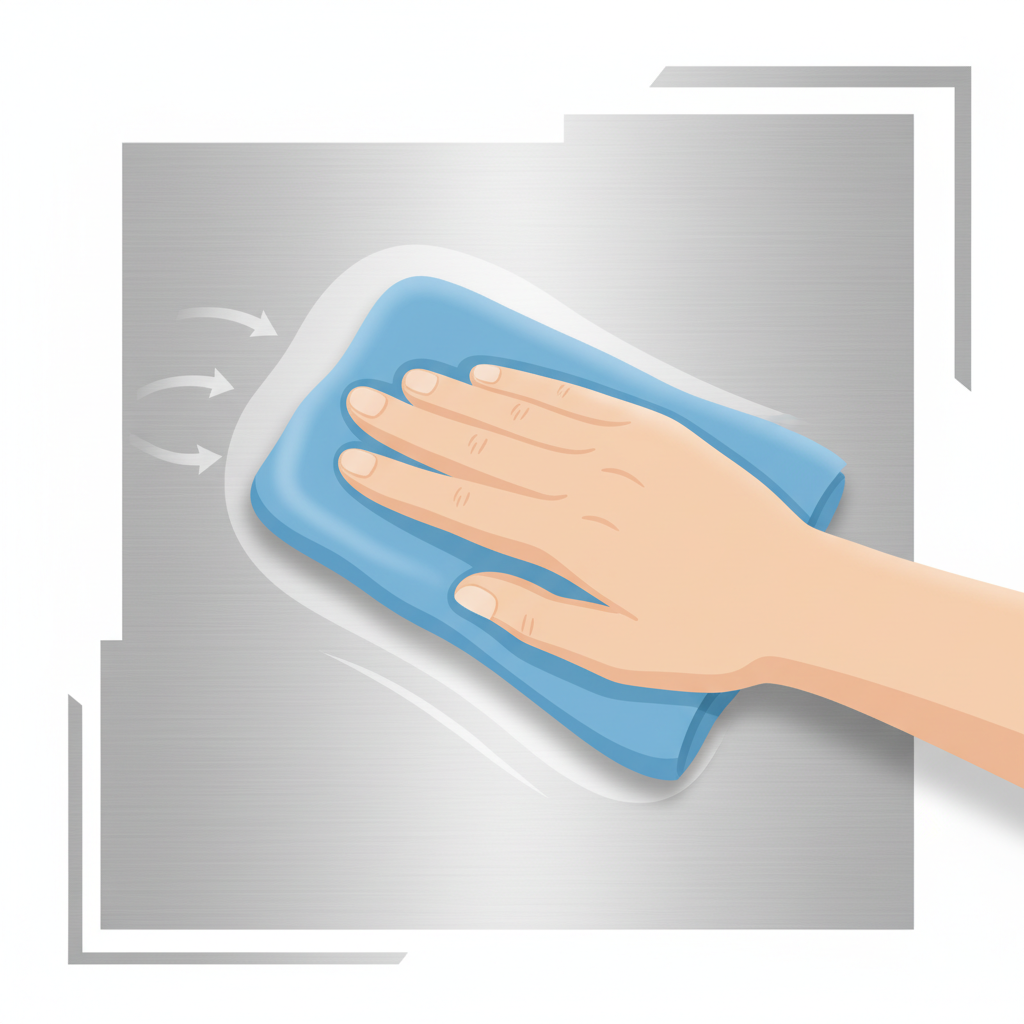 An infographic-style illustration depicting the correct method for cleaning brushed stainless steel. A stylized, clean hand with a soft, microfiber cloth gently wipes a section of a brushed stainless steel surface (e.g., a sink or countertop). Subtle, light grey directional arrows are integrated into the illustration, clearly indicating that the wiping motion follows the grain (Bürstrichtung) of the steel. The background is clean and minimalist, focusing entirely on the cleaning action and the material's texture.