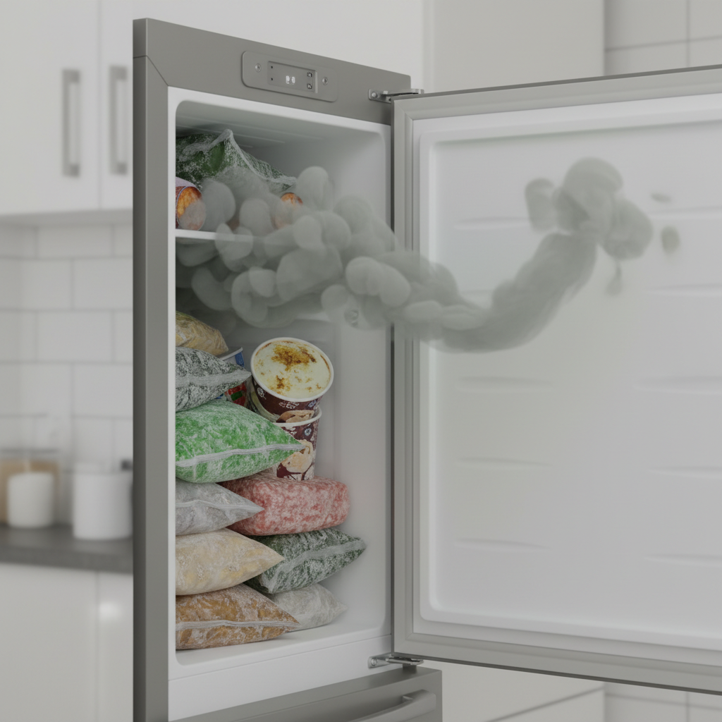 A slightly ajar freezer door, revealing a glimpse into a slightly disorganized interior. A subtle, wavy, unpleasant vapor, depicted as a translucent, muted greyish-green cloud, drifts out from the opening, subtly suggesting a bad odor. Inside, some food items are visible, some maybe subtly discolored or with vague outlines due to poor packaging. The overall scene evokes a sense of mild household annoyance and mystery. Style: Professional, clean 3D render with a soft focus.