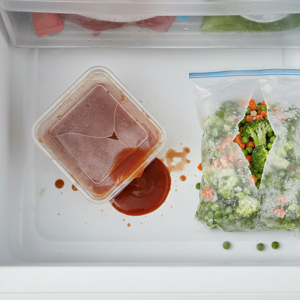 A close-up, top-down view into a freezer drawer. Dominating the scene is a leaking, poorly sealed plastic container of what appears to be frozen soup or sauce, with dark liquid visibly seeping onto the white freezer surface. Nearby, a partially ripped or poorly sealed bag of frozen vegetables shows signs of freezer burn, with ice crystals clinging to the outside. The scene clearly highlights common packaging failures. Style: Realistic, high-resolution product photography with bright, even lighting.