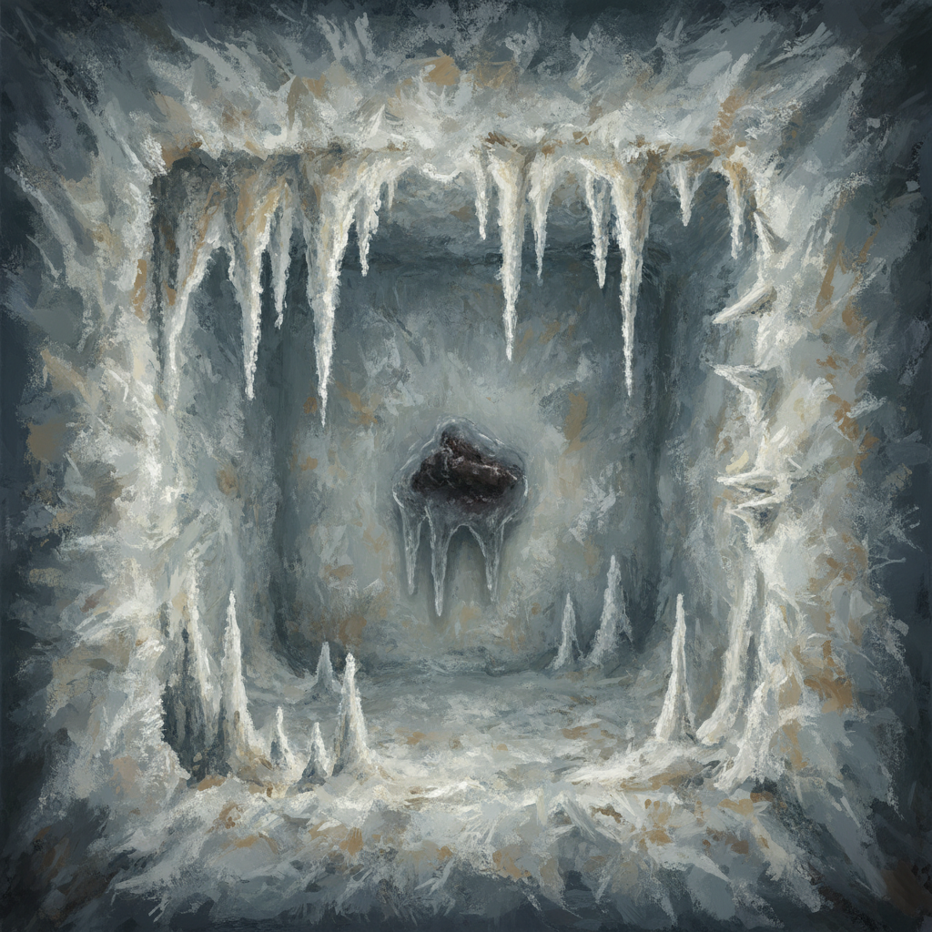 The interior of an old, heavily used freezer compartment. The back wall and internal surfaces are completely encrusted with thick, uneven layers of white and slightly discolored ice and frost, almost forming icy stalactites. A forgotten, small, dark lump (possibly an old piece of meat or vegetable) is barely visible, partially encased within the heavy ice build-up, hinting at a potential hidden source of unpleasant odors. Style: Dark, moody, high-contrast digital painting, emphasizing texture and coldness.