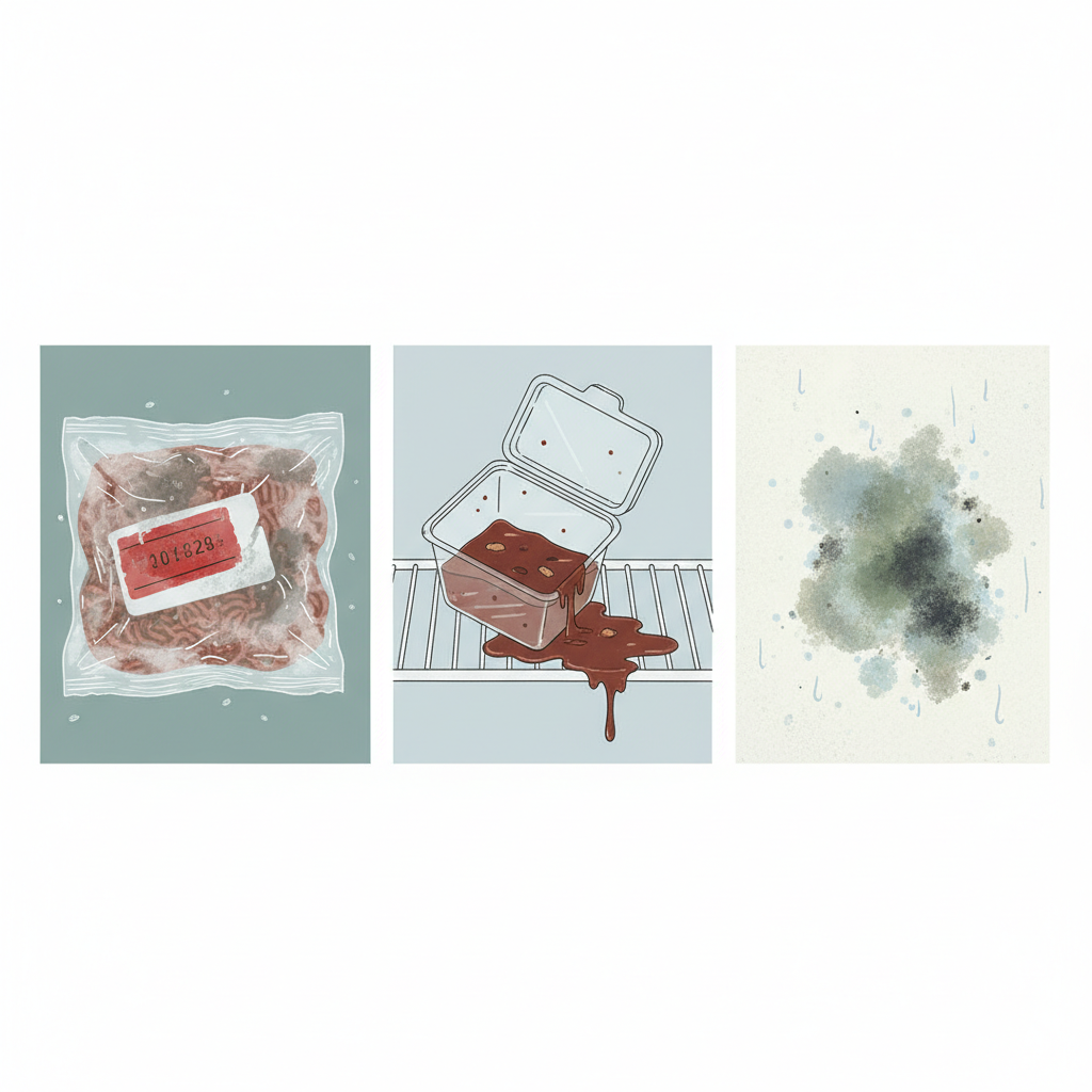 A triptych-style illustration, featuring three distinct panels or vignettes arranged side-by-side, each representing a common cause of freezer odors. The first panel shows a clearly past-due package of frozen food (e.g., meat or a ready meal). The second panel depicts an open, unsealed container spilling a dark liquid onto the freezer shelf. The third panel illustrates a small area of fuzzy mold growing on a damp patch of a freezer surface. Style: Clean, modern flat illustration with a muted, slightly desaturated color palette.