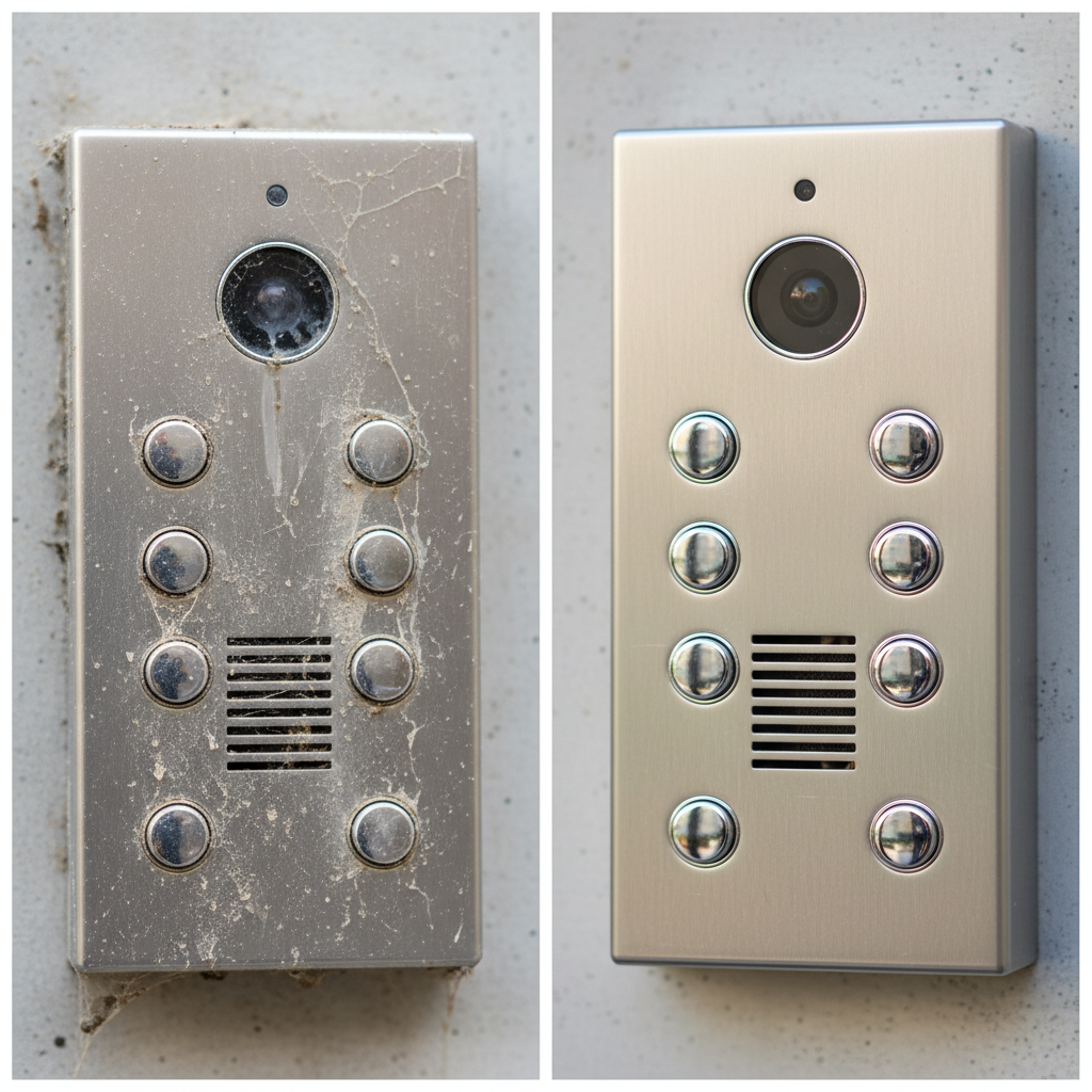 A compelling side-by-side comparison. On the left, a close-up of a weather-beaten outdoor intercom unit, covered in visible dust, grime, and water spots, with subtle cobwebs in the crevices and a hazy camera lens. The overall impression is neglected and dull. On the right, the identical intercom unit, gleaming pristine and polished, reflecting light gently, with every button and grille sparkling clean. The background is subtle and neutral, focusing on the intercom itself. Professional photo style, high-resolution, sharp focus.