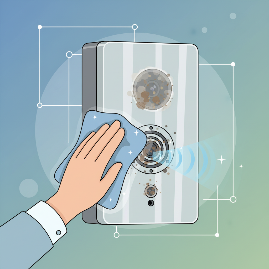 A stylized, cutaway illustration of an outdoor intercom unit. The outer casing is visible, but the internal mechanisms of the speaker grille, microphone, and camera lens are subtly exposed. Swirling dust particles and microscopic grime are visually represented, actively hindering the speaker's sound output (subtle muffled wave lines) and obscuring the camera's view (blurred light rays). A soft, clean hand gently wipes the outer surface with a microfiber cloth, symbolizing the cleaning process. Modern infographic-style illustration with clean lines and a soft color palette.