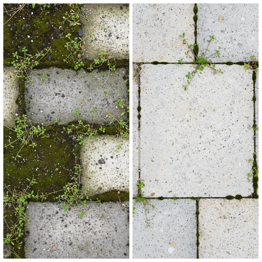 A compelling visual comparison, split down the middle. On the left side, a section of outdoor paving slabs appears heavily neglected, covered with widespread green moss, dark, slimy algae, and various specks of dirt. Small weeds are visibly sprouting from the cracks between the dirty grey stones. On the right side, the identical section of paving slabs is pristine and radiant, showcasing its original clean color, with all moss, algae, dirt, and weeds completely removed. The contrast is stark, emphasizing cleanliness and renewal. Professional, high-definition photograph with natural light.