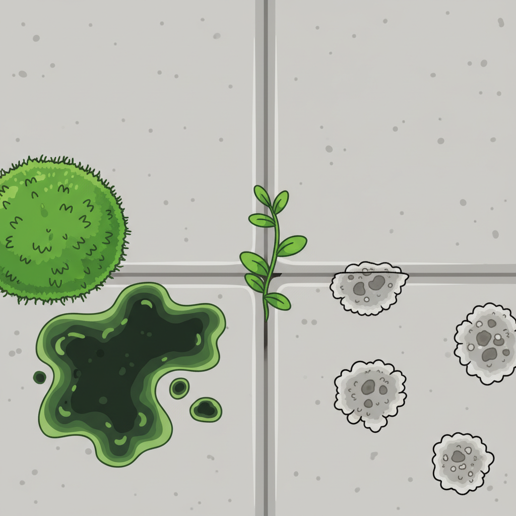 A close-up, illustrative depiction of various common contaminations on paving slabs. The image features different distinct patches on a neutral grey slab background: a a vibrant, fuzzy patch of bright green moss; a dark, wet-looking area of spreading green-black algae; several small, light-grey, circular lichen growths clinging to the surface; and a slender green weed pushing its way up from a thin crack between two slabs. The focus is on texture and organic forms. Detailed flat illustration with clear, distinct elements.