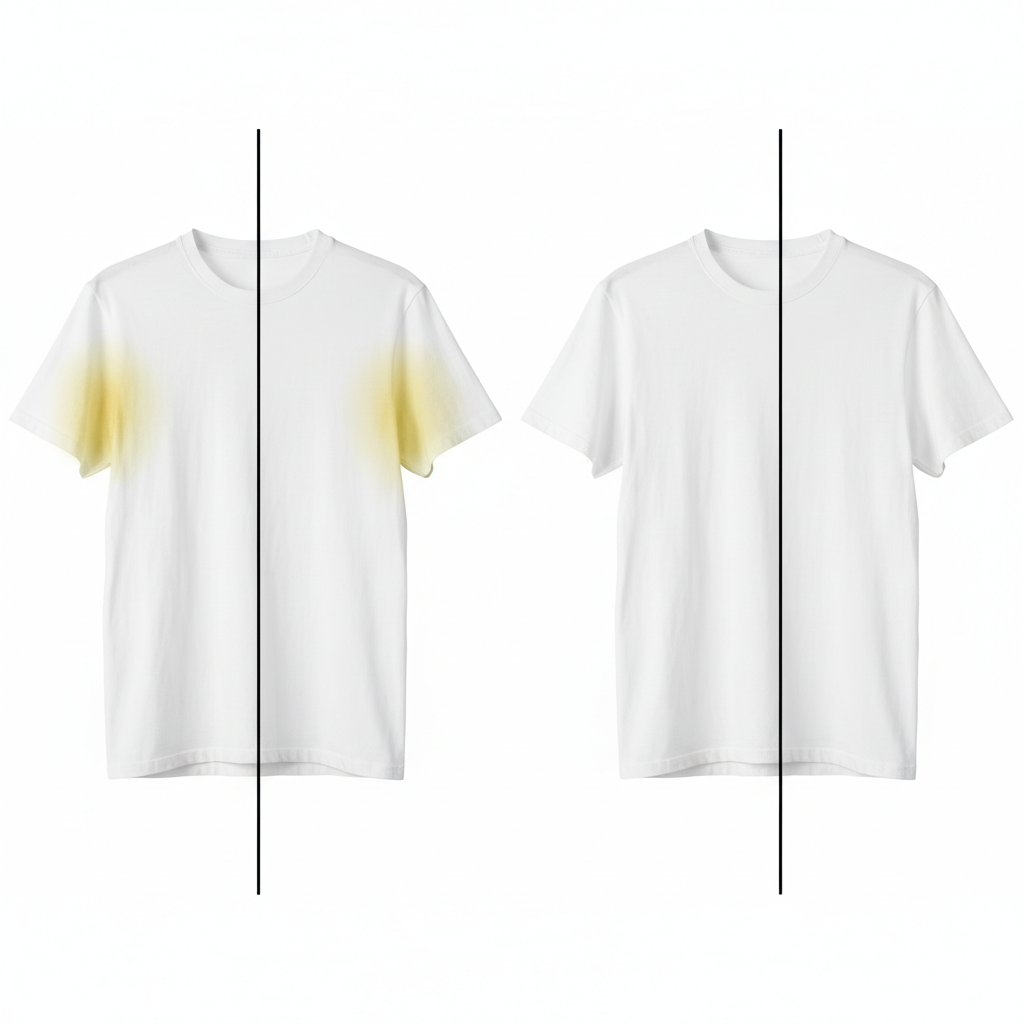 A visually striking split image. On the left, a pristine white t-shirt hangs perfectly, but with prominent, circular yellow stains clearly visible in the armpit area. The fabric around the stain looks slightly stiff and discolored. On the right, the exact same t-shirt is shown, now completely clean and spotless, gleaming white with soft, clean fabric. The background is simple and bright, emphasizing the stark contrast between the stained and the restored garment. Professional studio photography style, focusing on realistic fabric texture and cleanliness.