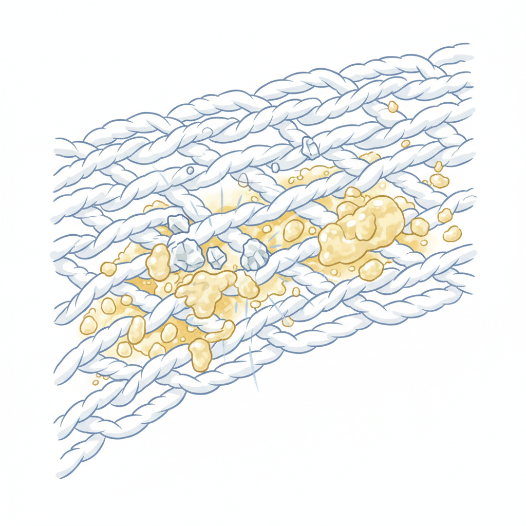 An illustrative infographic-style image depicting the microscopic interaction causing yellow armpit stains. Visualize a magnified cross-section of fabric fibers (e.g., cotton threads). Small, abstract representations of sweat droplets (a clear liquid with hints of yellow) are shown permeating the fibers. Alongside, tiny, stylized particles representing aluminum salts from deodorant are depicted, actively bonding with the sweat proteins and forming a distinct, accumulating yellow layer or 'crust' within and around the fabric strands. A subtle sense of chemical reaction or bonding is conveyed through visual cues. Clean, scientific illustration with a bright, approachable color palette.