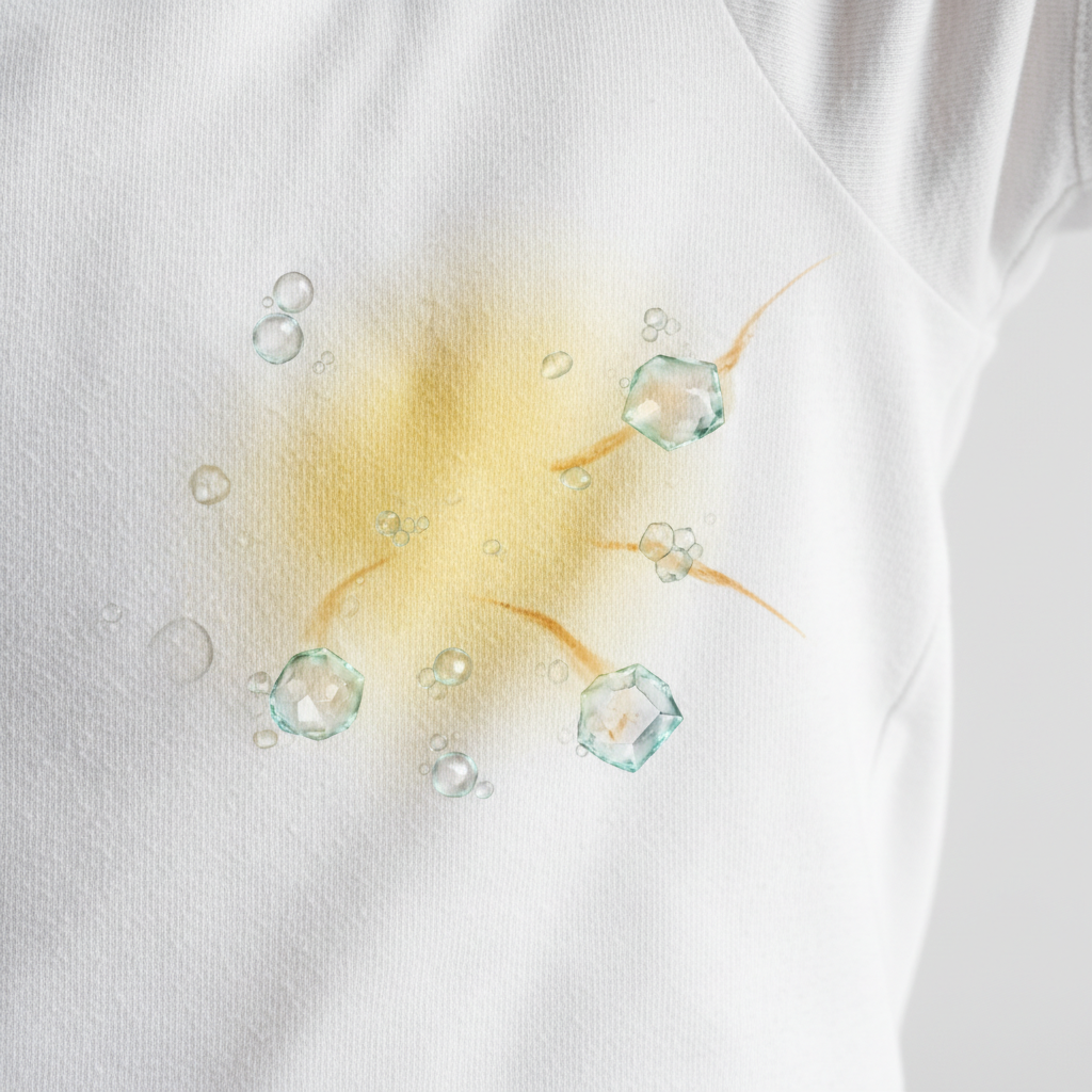 A close-up, macro shot of the armpit area of a crisp white t-shirt, clearly showing a distinct yellow stain. Subtly integrated into the image, abstract, microscopic elements represent sweat droplets and deodorant particles (perhaps stylized crystal-like shapes for aluminum salts) interacting and oxidizing on the fabric fibers, visually explaining the chemical reaction causing the stain. The background is soft and out of focus. Style: High-quality professional photo combined with subtle scientific illustration elements, clean and informative.