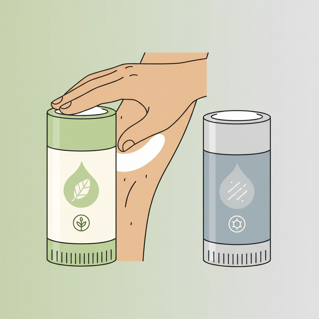 A clean, minimalist flat illustration depicting two different deodorant sticks. On one side, a deodorant clearly labeled (visually, not with text) as 'aluminum-free' is highlighted, perhaps with a subtle green or 'natural' aesthetic. Next to it, a hand applies a thin, even layer of this deodorant to an armpit area (without showing the full person, just the action), emphasizing careful application. The other deodorant (representing aluminum-containing) is subtly in the background or less prominent, indicating a choice. Style: Modern, clean flat illustration with a focus on product and preventative action.