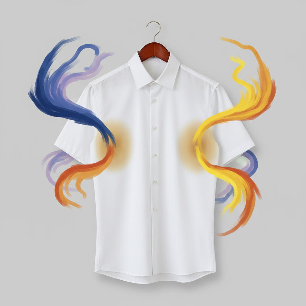 A crisp, white dress shirt hanging neatly on a hanger, but with noticeable, stubborn yellow stains clearly visible in the armpit areas. In the background, or subtly integrated as an overlay, an abstract, illustrative representation of the chemical reaction causing the stains. This could involve stylized colored swirls or subtle symbolic elements representing sweat, deodorant chemicals, and oxidation, interacting and leading to the yellow discoloration on the fabric. The overall image should convey the common problem and its underlying cause in a professional and clean aesthetic, suitable for a blog article. Professional photo with subtle infographic style elements.