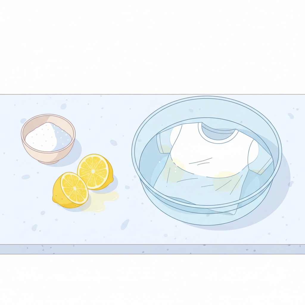 A clean, bright flat illustration depicting the preparation and initial step of using a home remedy for stain removal. On a smooth, light-colored counter, there's a small bowl containing white powder (symbolizing citric acid or baking soda) and a few fresh lemon halves. Beside these, a transparent glass bowl or basin holds a partially submerged white shirt, with faint yellow stains visible in the armpit area, soaking in a clear liquid. The scene should be bright and minimalist, emphasizing the simplicity and natural aspect of the remedy, without any specific brand labels or text. Modern flat illustration style.