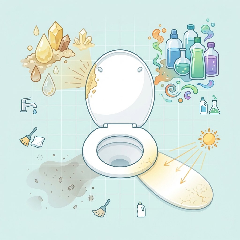 A clean, white toilet seat is depicted centrally, surrounded by symbolic elements illustrating various causes of yellow stains. On one side, abstract mineral deposits and amber droplet shapes represent urine scale and limescale. On another, small, stylized chemical bottles or swirling colorful residues symbolize cleaning product interactions. Further around, subtle sun rays subtly impact a section of the seat, indicating material aging from UV light. A faint, slightly smudged shadow or dust motes represent inadequate cleaning. The overall aesthetic is informative and clear, using a flat illustration style with clean lines and a hygienic color palette, making the causes easily discernible.