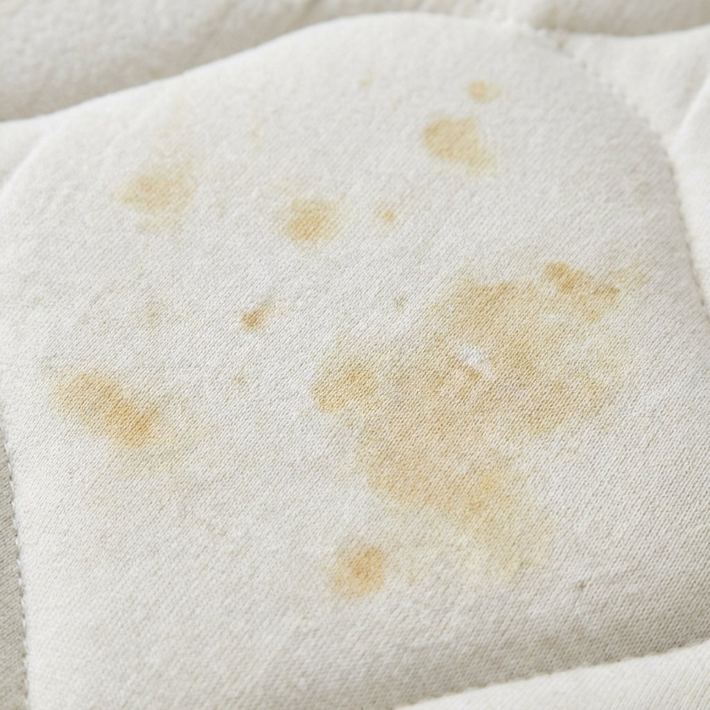 A close-up, professional photograph of a pristine white mattress, but with several distinct, prominent yellow stains of various sizes and shapes clearly visible on its surface. The stains should appear slightly absorbed into the fabric, hinting at their stubborn nature. The overall lighting should be soft and natural, emphasizing the contrast between the clean white fabric and the discolored areas. The scene should evoke a sense of an unhygienic sleeping surface that needs attention. Focus on texture and realism, making the stains look genuinely unappealing but not excessively graphic.