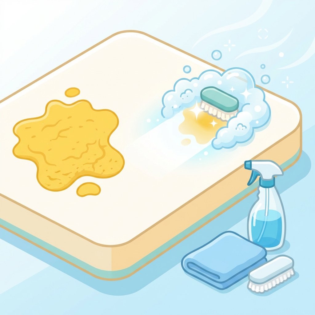 A bright, clean flat illustration depicting a stylized mattress undergoing a cleaning process. One side of the mattress clearly shows a prominent yellow stain, while a subtle, implied cleaning action (e.g., a gentle scrubbing motion or an area beginning to whiten) is visible on another part, symbolizing the removal of such a stain. Next to the mattress, a small collection of generic cleaning items like a spray bottle and a soft cloth are arranged neatly. The color palette should be fresh and inviting, with warm whites and gentle blues, conveying cleanliness and effective solutions.