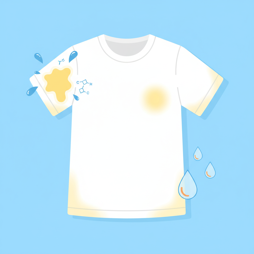 A modern, clean flat illustration depicting a pristine white t-shirt visibly affected by various yellow stains in different typical areas. One armpit area shows a distinct yellow stain, accompanied by subtle, abstract visual cues representing sweat and deodorant residue (e.g., stylized droplets, tiny chemical symbols). Another area on the front of the shirt features a yellow discoloration, hinting at sunscreen residue. A faded, slightly yellowish tint covers parts of the shirt to represent aging textile. In a corner, stylized water droplets with a faint orange hue subtly suggest iron in water contamination. The overall image should be bright and informative, highlighting the diverse causes without any words.