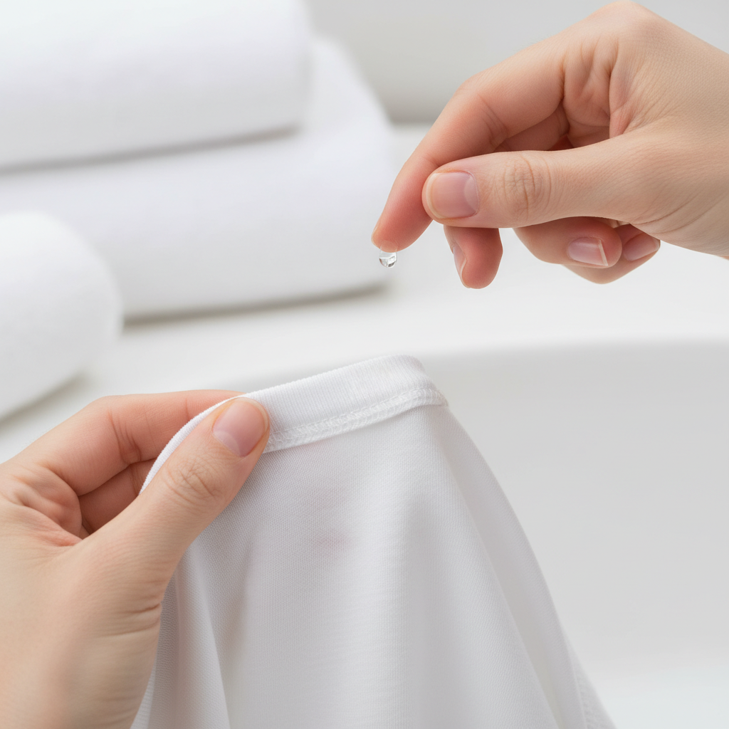 A professional, bright close-up photo showing a pair of hands carefully inspecting a white t-shirt. One hand gently holds a corner or an inside seam of the shirt, revealing a less visible area. The fingers of the other hand delicately apply a tiny, clear liquid drop from an unseen dispenser onto this inconspicuous spot on the fabric. The focus is sharp on the testing area, demonstrating the crucial pre-treatment step of checking for fabric compatibility. The background should be softly blurred, perhaps hinting at a laundry or bathroom setting, conveying carefulness and precision without any discernible brands or text.