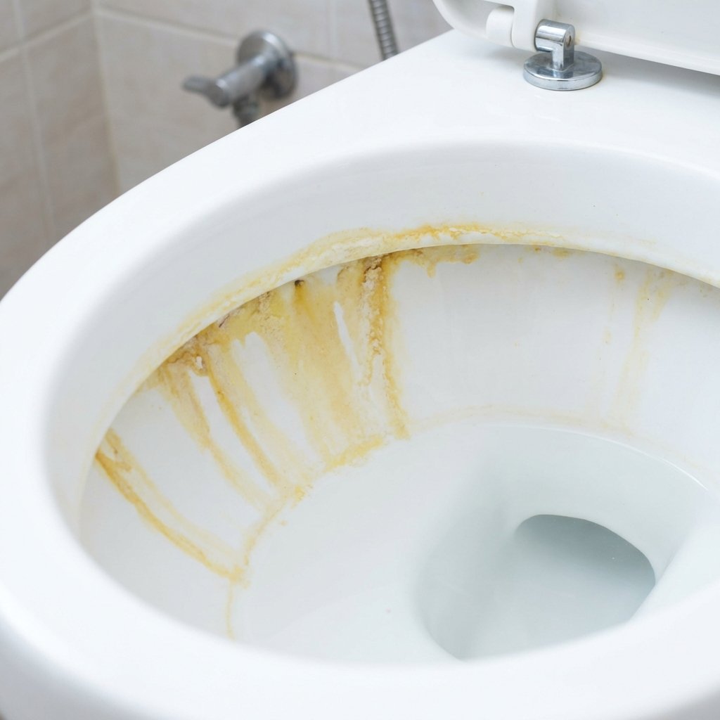A professional, close-up photograph of the inside of a toilet bowl, highlighting prominent yellow and yellowish-brown stains. The stains should be clearly visible around the waterline and extending downwards into the bowl, indicating limescale and mineral deposits. The water inside the bowl should appear clear, emphasizing that the issue is with the bowl's surface. The background of the image should subtly suggest a clean bathroom environment, but the primary focus remains sharply on the discolored porcelain. Natural, bright lighting to make the stains distinct without making the image look unhygienic overall, but rather showing a common problem.