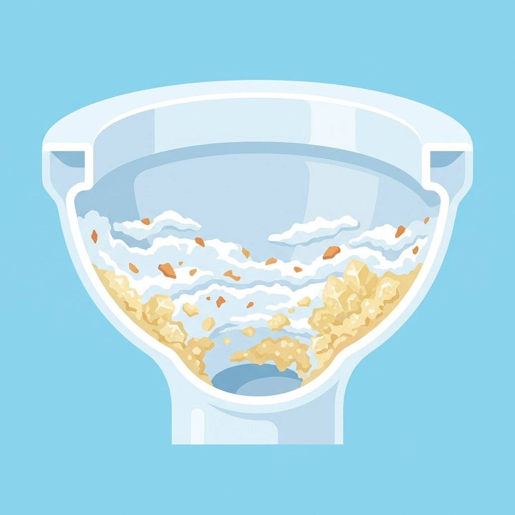 A clean, modern flat illustration depicting the various causes of yellow toilet stains. The image should feature a stylized cross-section of a toilet bowl showing the porcelain surface. Within this cross-section, visually differentiate distinct layers or deposits representing limescale (chalky white layers), rust (small orange-brown specks embedded), and urine scale (yellowish crystalline textures). The illustration should convey the idea of accumulation on the surface without using any text or labels, relying purely on distinct visual textures and colors for each type of deposit. Use a bright, inviting color palette suitable for a blog, contrasting the clean bowl with the problematic deposits.