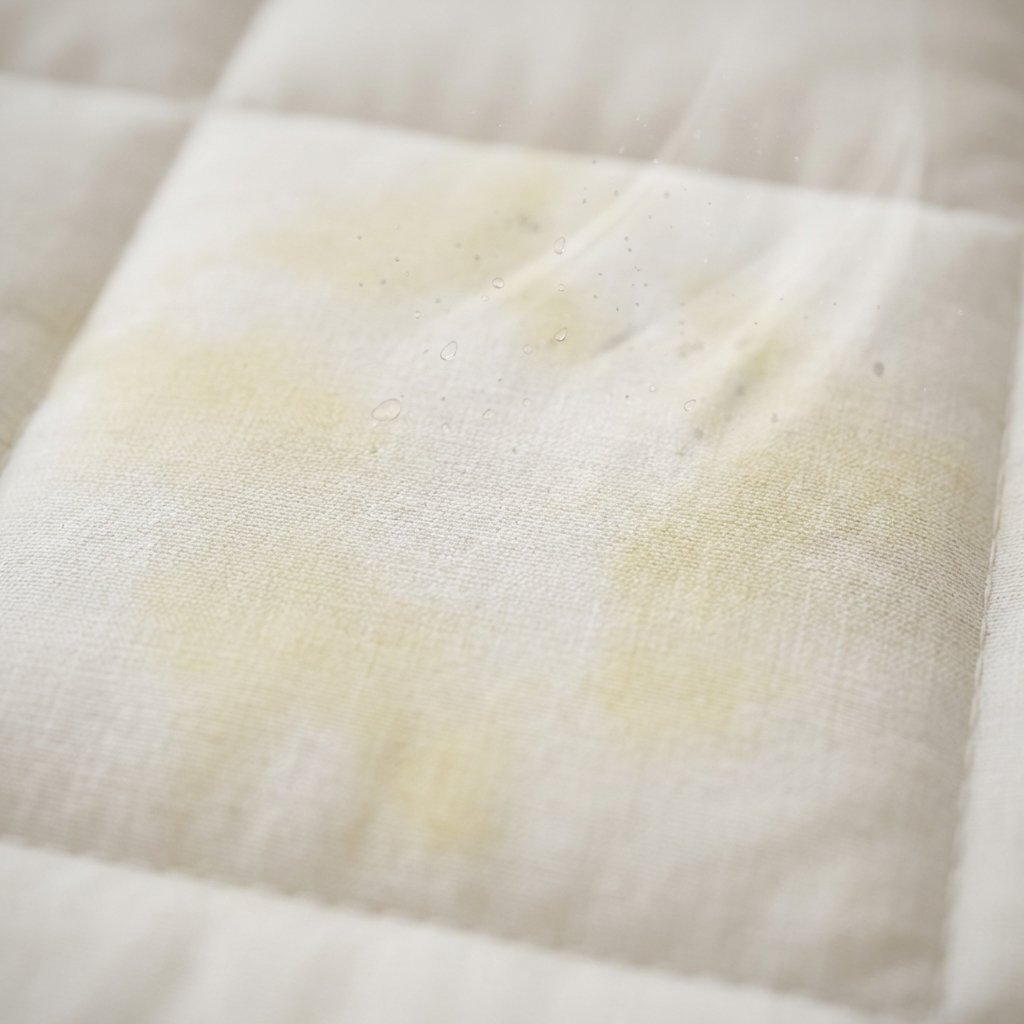 A close-up, top-down view of a section of a white or light-colored mattress topper, showing distinct, subtle yellow stains spreading across its surface. The stains should look organic and somewhat diffused, indicating sweat and body oils rather than a sharp spill. Around the stained areas, subtle, semi-transparent visual elements like tiny droplets (representing sweat/body fluids), microscopic skin cells, and faint sun rays could emanate or hover, symbolizing the causes mentioned in the article. The overall style should be a professional, clean flat lay with a soft focus, emphasizing the texture of the topper material.