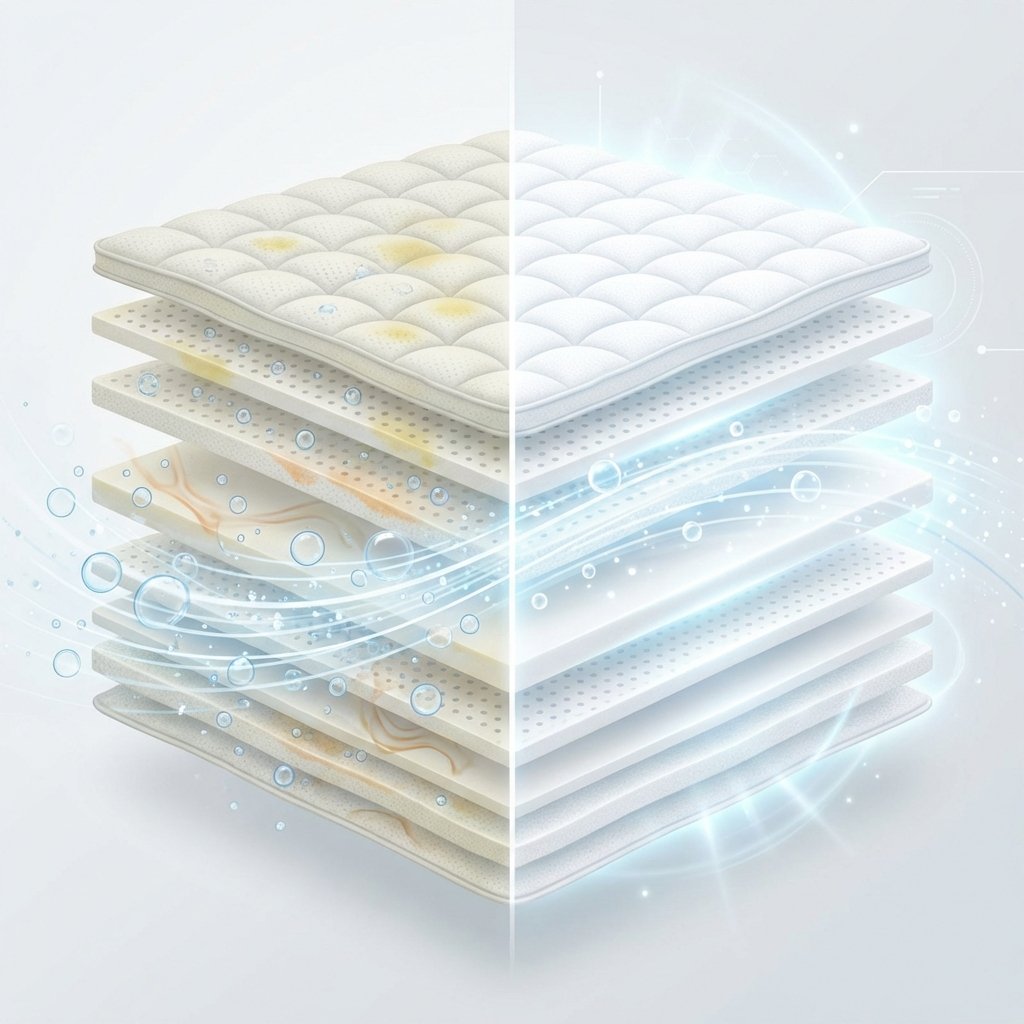 An infographic-style illustration depicting the cross-section of a mattress topper, split vertically into two halves. The left half represents the 'before' state, showing layers of the topper material with embedded subtle yellow discolorations, microscopic sweat droplets, and skin oil residues. The right half represents the 'after' state, showcasing pristine, bright white layers of the topper material, emitting a soft glow of freshness and cleanliness. A gentle, conceptual swirl of cleaning action could be shown in the middle, transitioning from the dirty to the clean side. The style should be clean, modern, and easily understandable.