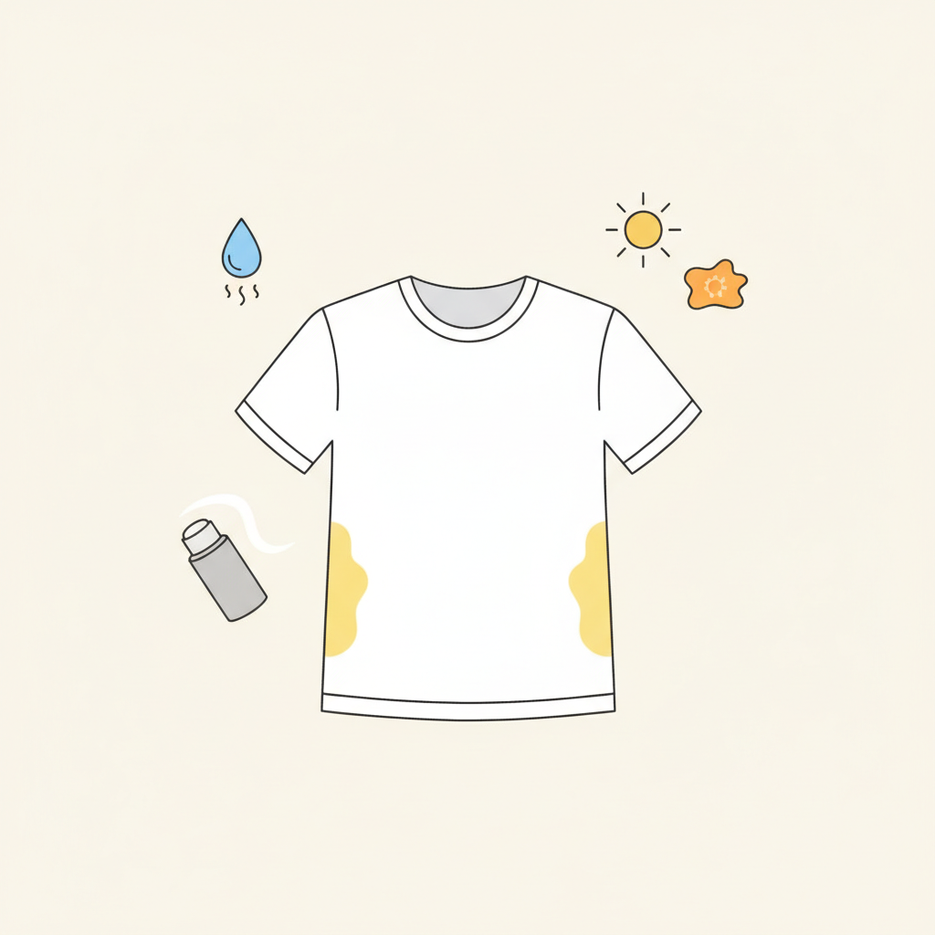 A clean, minimalist flat illustration of a pristine white t-shirt, centrally placed against a soft, light background. Prominent yellow discoloration is visible in both armpit areas, appearing as distinct, crescent-shaped stains. Surrounding the t-shirt, small, abstract, and subtly colored icons float: a stylized blue sweat droplet, a grey deodorant stick leaving a faint trail, and a sun icon with a small orange blob representing sunscreen. The illustration should be visually appealing, modern, and clearly convey the problem of yellow stains and their common causes without clutter.