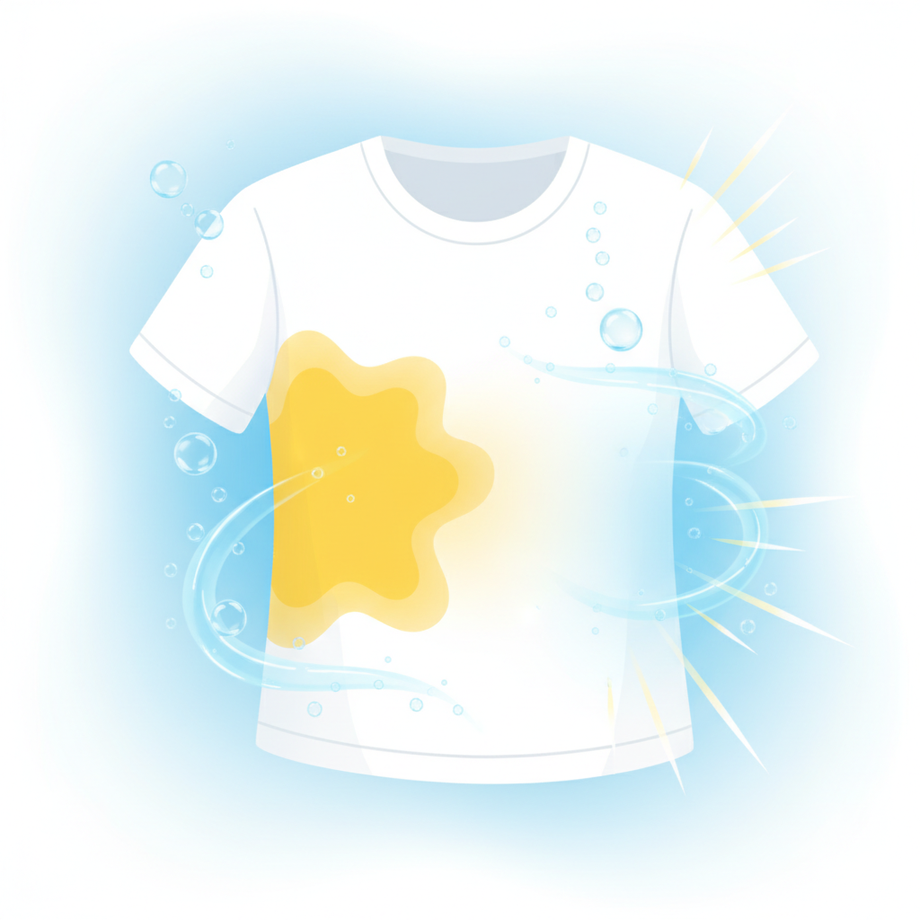 A dynamic and clean vector illustration depicting the transformation of a stained white t-shirt. On the left side, a section of a white t-shirt shows a clear, vibrant yellow stain. Moving towards the right, the stain gradually fades and disappears, transforming into pristine white fabric. Surrounding the fading stain, abstract elements like gentle effervescent bubbles, small flowing water particles, and subtle glowing 'clean' energy rays are depicted, suggesting a cleaning action or restoration. The overall effect should be one of progress and renewal, highlighting the successful removal of the yellow discoloration.