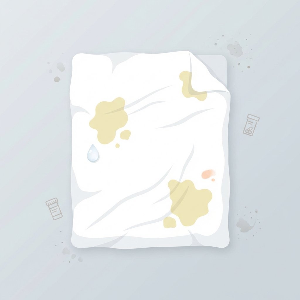 A top-down view of a pristine white bedsheet with several distinct, yellowish stains of varying sizes and shapes. Around the bedsheet, subtle visual cues represent the causes mentioned: a small, translucent sweat droplet near one stain, a tiny, almost invisible makeup smudge near another, a miniature, faint image of a pill bottle, and a subtle hint of moisture or dust in the background to represent storage issues. The overall style should be a clean, modern flat illustration, emphasizing the contrast between the white fabric and the yellow discoloration.