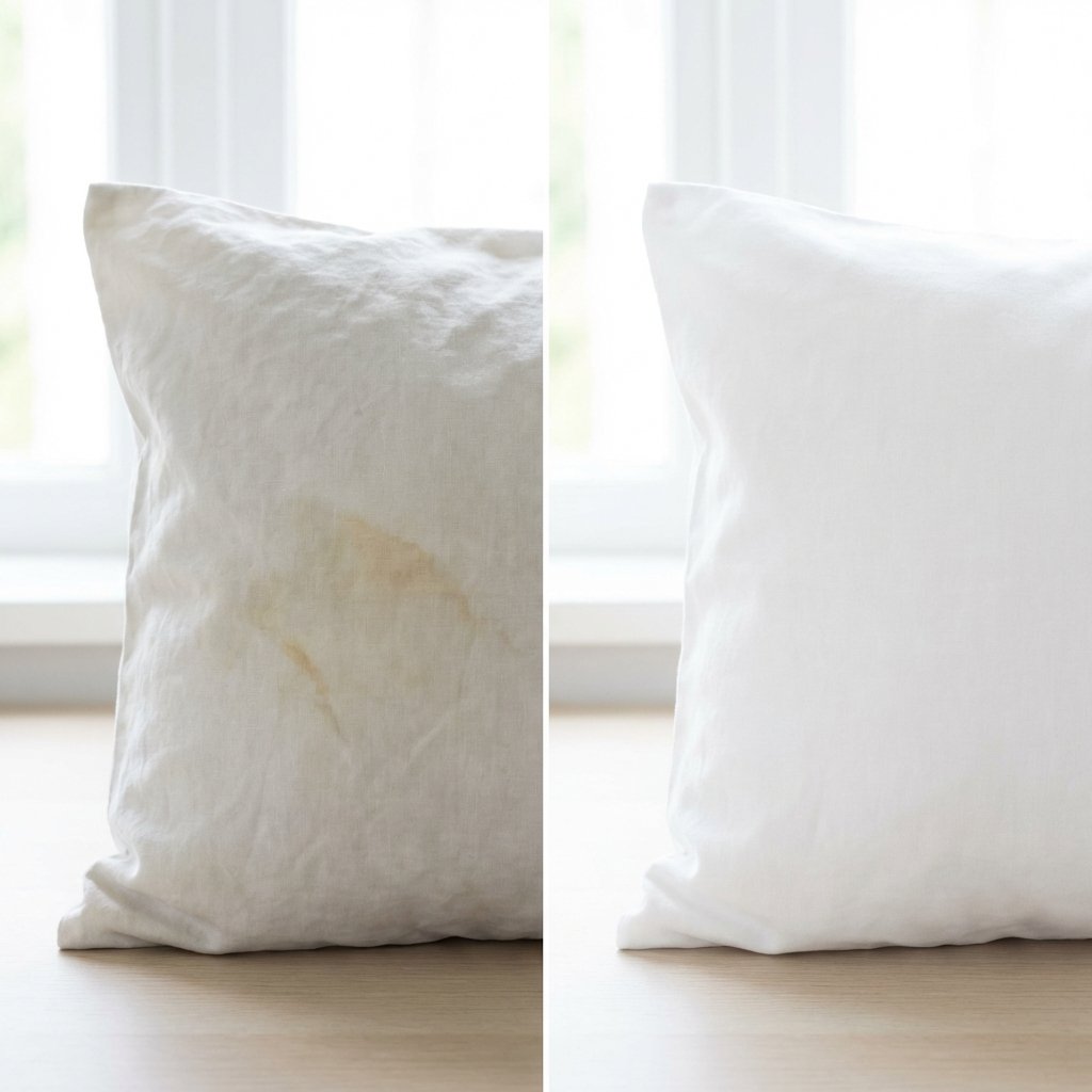 A 'before-and-after' visual comparison, depicted as a professional photo, focusing on a crumpled section of white linen, such as a pillowcase or sheet. The 'before' side prominently displays a noticeable yellowish stain on the fabric, appearing dull and dingy. The 'after' side shows the identical fabric section, now impeccably white and crisp, completely free of any discoloration. Bright, soft lighting should illuminate both sections, emphasizing the success of stain removal and the restored freshness.
