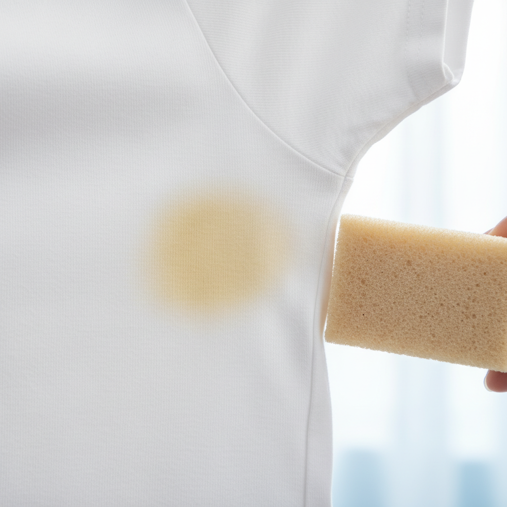 A high-definition, professional close-up photo showcasing the armpit area of a crisp white t-shirt. A prominent, yellowish-brown sweat stain is clearly visible, contrasting sharply with the clean white fabric surrounding it. A small, generic, unidentifiable cleaning brush or sponge is gently touching the edge of the stain, subtly indicating the beginning of a cleaning process. The cotton fabric texture should be visible, emphasizing the problem area. The background is softly blurred, focusing all attention on the stained garment, with bright, clean lighting.