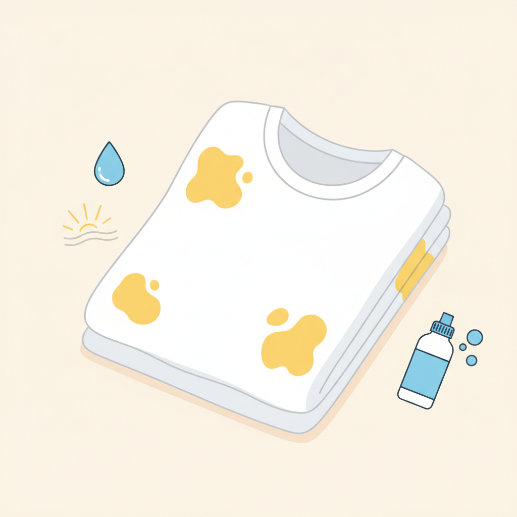 A clean, modern flat illustration depicting a neatly folded, pristine white piece of laundry, such as a t-shirt or towel, with several distinct, yet abstract, yellow stain blobs appearing on different areas. Surrounding the garment are several small, stylized visual cues representing the common causes of stains: a subtle sweat drop icon, a faint sunbeam or aged fabric texture for natural yellowing, and a generic, minimalist bottle shape for cleaning products. The overall composition should be bright, uncluttered, and convey common problems with a soft, inviting color palette.