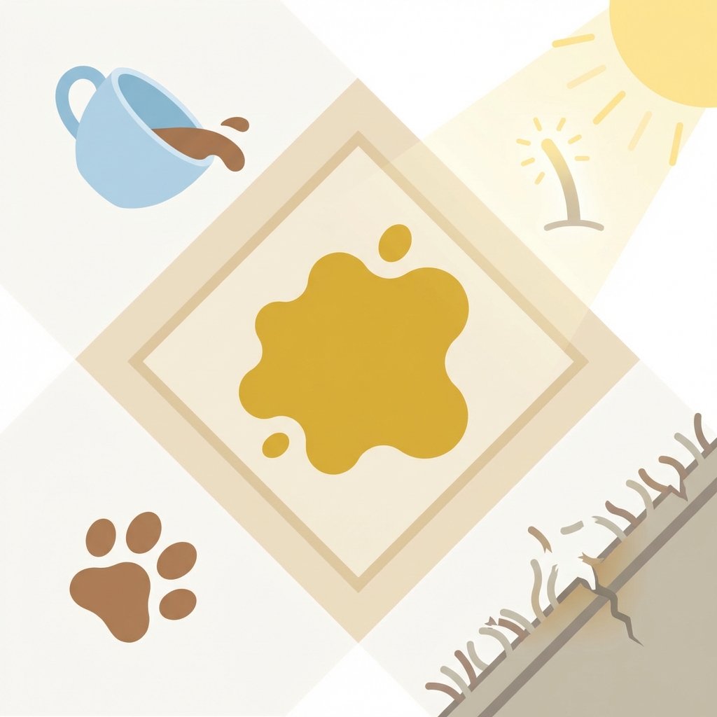 A clean, modern flat illustration depicting a light-colored carpet patch with a prominent, unsightly yellow stain in the center. Around the stain, various elements are subtly arranged to symbolize its common causes: a small, stylized coffee cup tilting slightly as if just spilled, a simplified pet paw print, a soft sunbeam falling onto a carpet fiber, and an aged, slightly frayed carpet fiber section. The overall composition should be bright, inviting, yet clearly highlight the problem of the yellow stain and its origins.