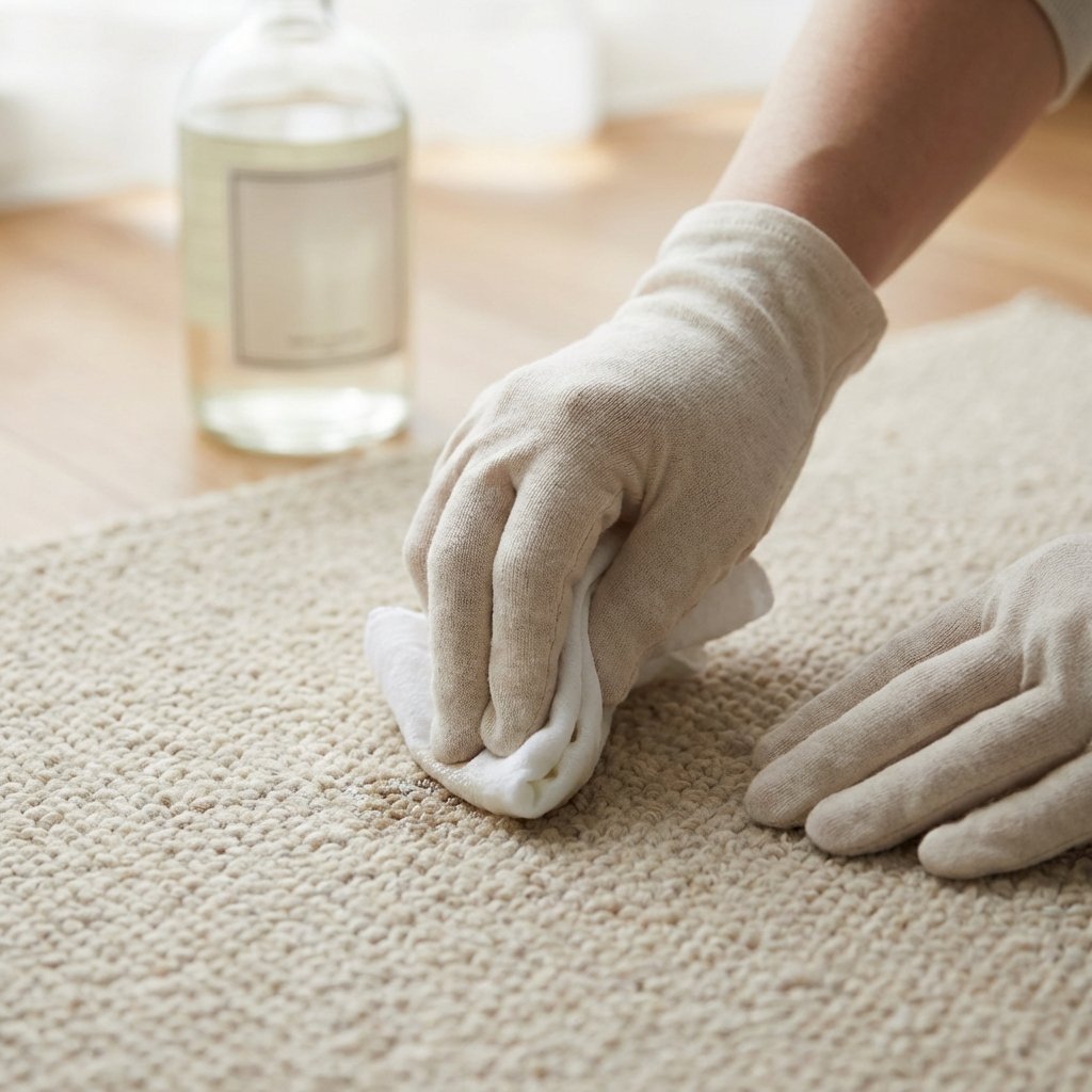 A professional, well-lit close-up photo focusing on a person's hands carefully dabbing a small amount of cleaning solution onto an inconspicuous corner of a light beige carpet. The bottle of cleaning solution is visible but slightly out of focus in the background. The scene conveys a sense of meticulousness and care, emphasizing the 'test an inconspicuous spot' step. The carpet texture should be clear, and the lighting should be natural, suggesting a home environment.