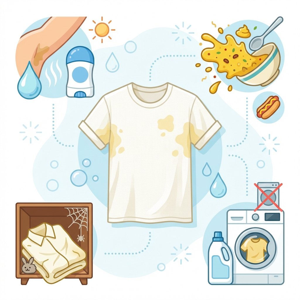 A vibrant, clean flat illustration showing various common causes of yellow stains on white fabric. The central element is a piece of crisp white linen or a white t-shirt, subtly stained with patches of yellow. Around it, several small, distinct icons or visual elements represent the causes: a stylized armpit with a sweat drop, a deodorant stick, a splash of curry or mustard, and a neatly folded, slightly aged piece of white laundry in a cupboard corner. The overall aesthetic is bright and informative, clearly depicting the problem sources.