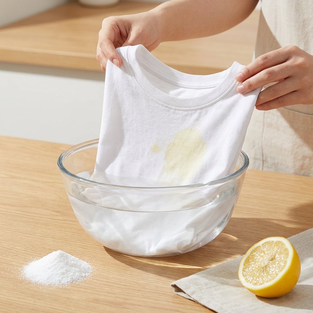 A high-quality, professional photo or detailed digital painting depicting the application of a natural remedy. Focus on a pristine white t-shirt or cloth with a visible, yet not overly gross, yellow stain. A pair of hands is gently submerging the stained part of the fabric into a clear glass bowl filled with water. Beside the bowl, a small pile of white crystalline powder (representing citric acid) is visible, perhaps with a fresh lemon cut in half nearby as a visual cue for the ingredient. The lighting is bright and natural, emphasizing cleanliness and effectiveness.