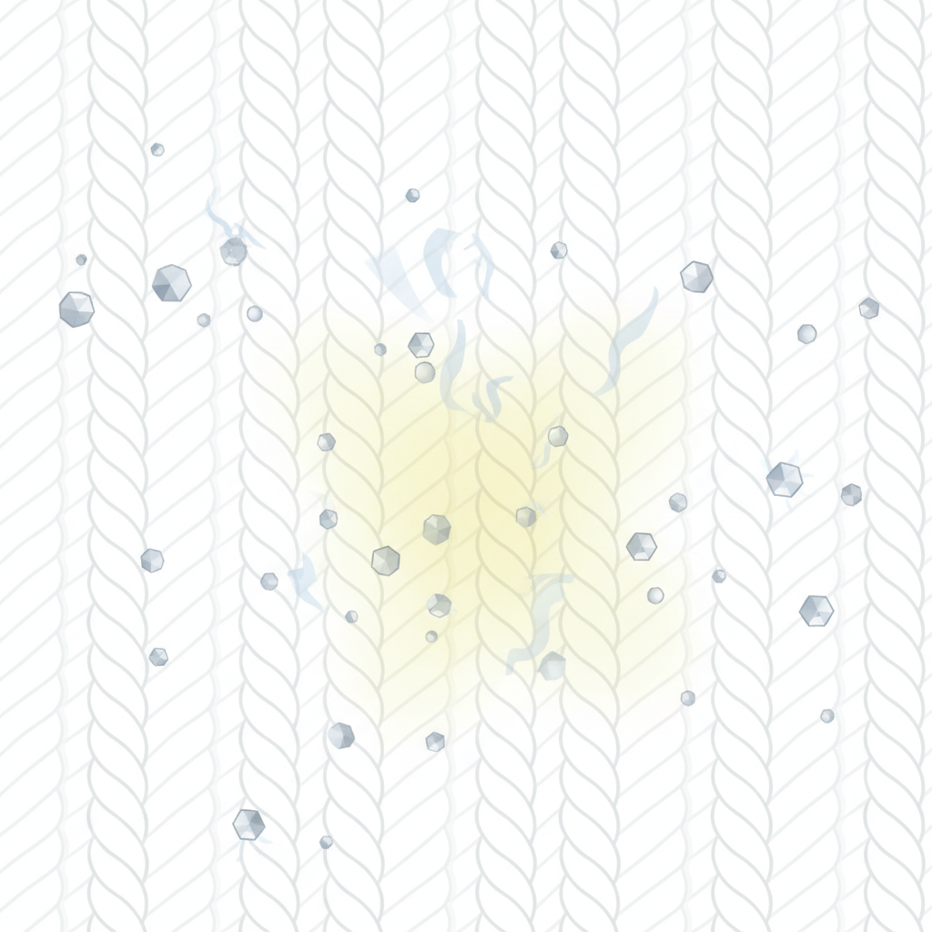 A scientific flat illustration depicting a close-up, magnified view of white shirt fabric. Microscopic fabric fibers are clearly visible. Interacting on the surface are small, translucent droplets representing sweat and sebum, tiny grey crystalline structures symbolizing aluminum salts from deodorant, and faint, swirling air molecules indicating oxidation. These elements are shown converging and initiating a subtle, yet distinct, yellow discoloration spreading across the pristine white fibers, visually explaining the chemical reaction causing sweat stains.