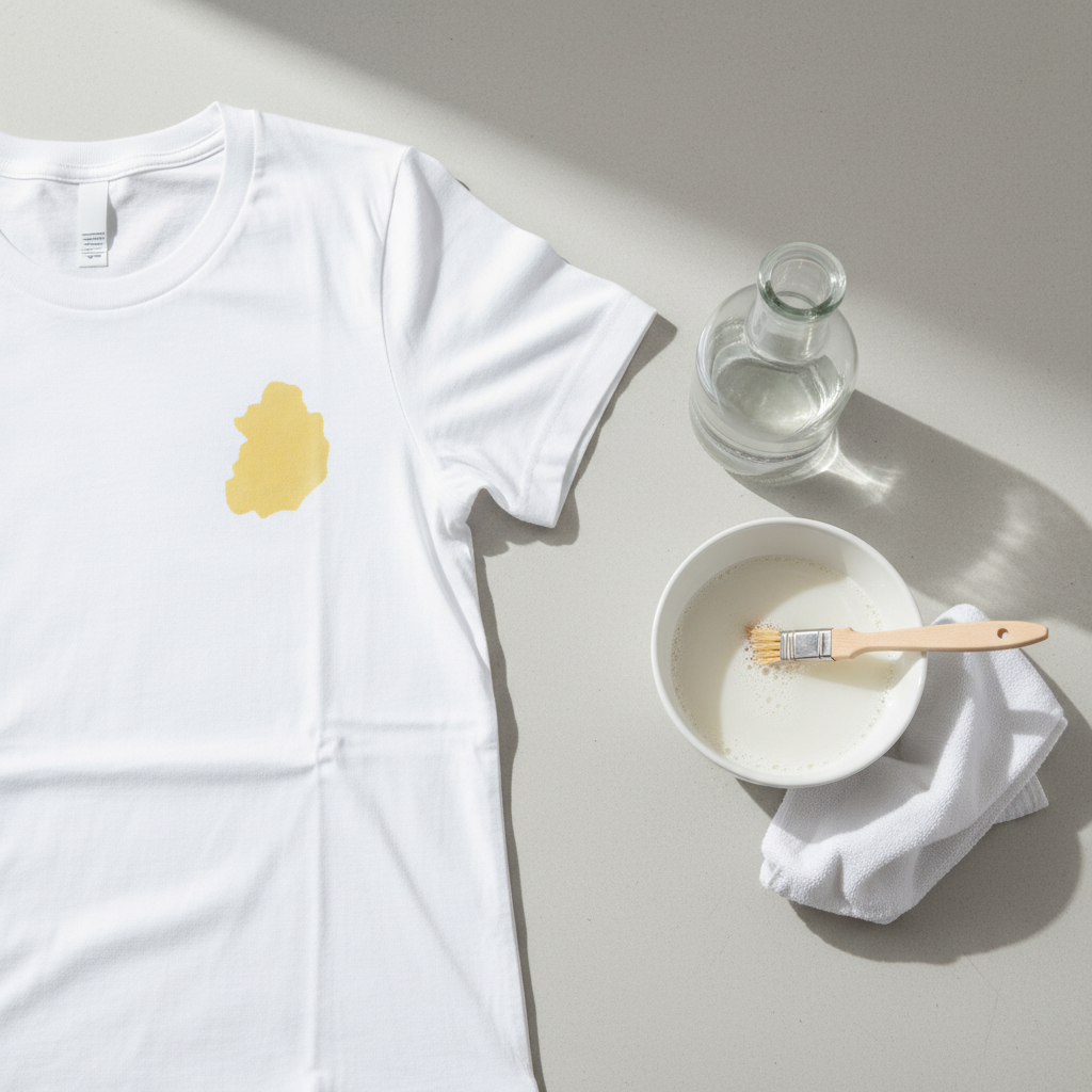 A professional product photography aesthetic, showcasing a pristine white shirt laid flat on a clean, light-colored surface. A prominent, yet stylized, yellow sweat stain is visible in the underarm area. Adjacent to the shirt, a clear glass bottle of white household vinegar stands beside a small, elegant ceramic bowl holding a pre-mixed, diluted vinegar solution. A soft, clean applicator cloth or small brush is strategically placed, implying the immediate next step of effective pre-treatment. The scene conveys a sense of readiness and cleanliness.