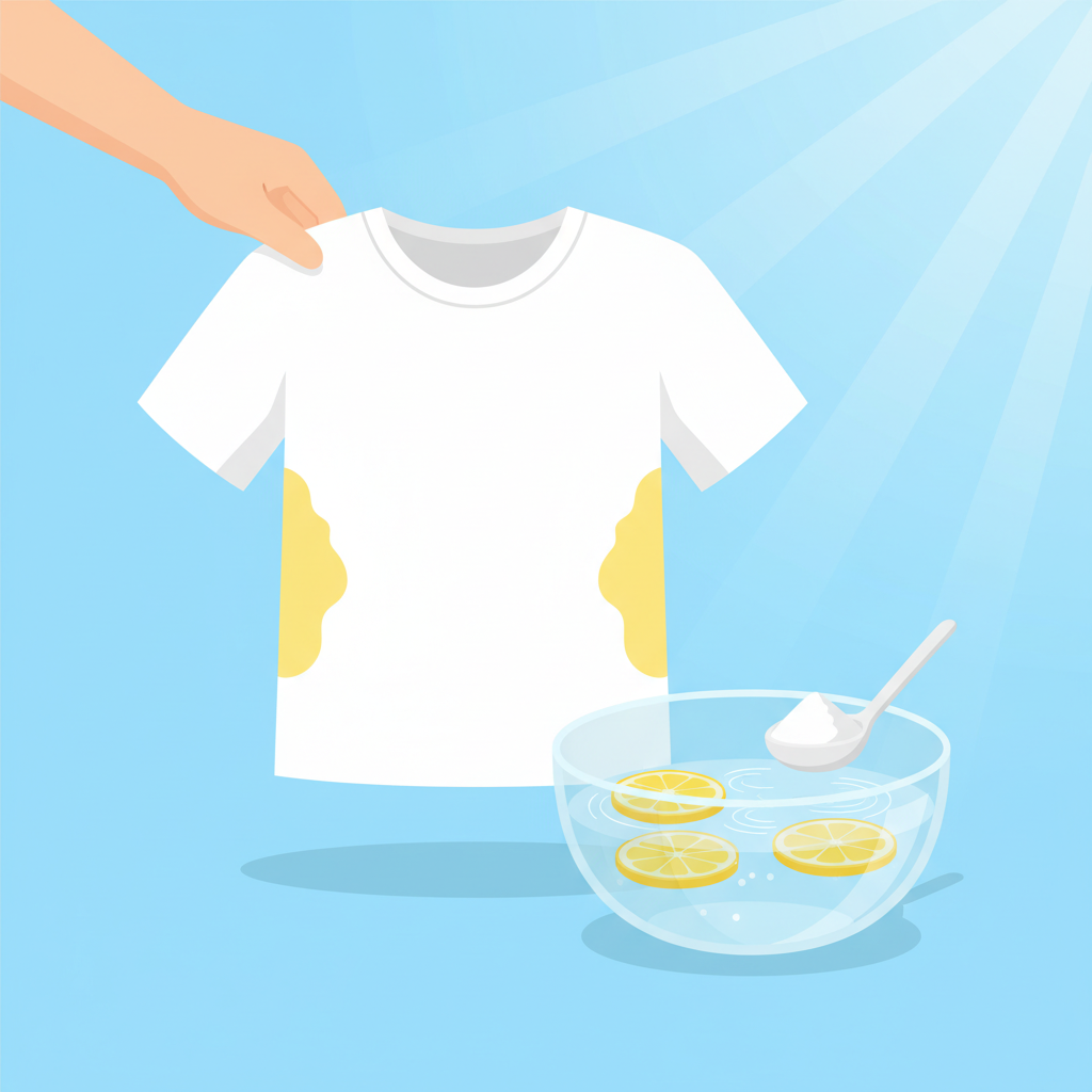 A vibrant, clean flat illustration showing a pristine white t-shirt with distinct yellow discoloration in the armpit areas. Adjacent to it, a transparent glass bowl contains a clear liquid with a few lemon slices and a small spoon of white powder, symbolizing citric acid. A hand is gently lowering the stained t-shirt into the solution, emphasizing the soaking process. The background is simple and bright, highlighting the process of stain removal using natural remedies.